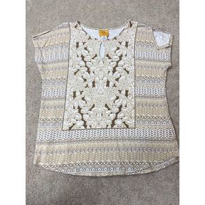 Rudy Rd. blouse short sleeve stretch white and tan beans design women's size MP